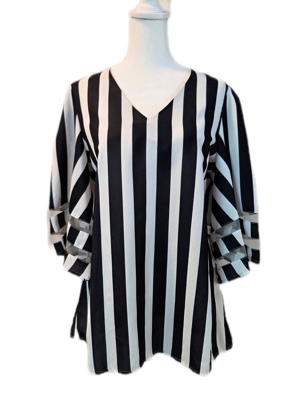 Black & White Striped V-Neck Tunic Top